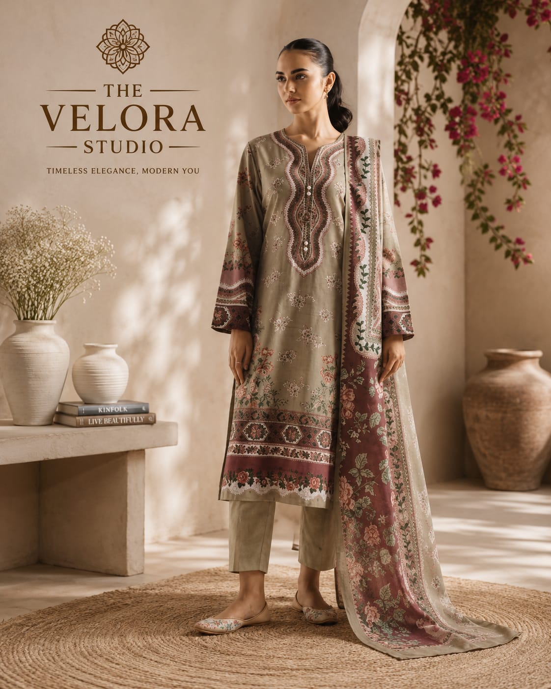 Velora Studio Premium Printed Lawn 3 Piece Suit – Floral Summer Collection | Unstitched