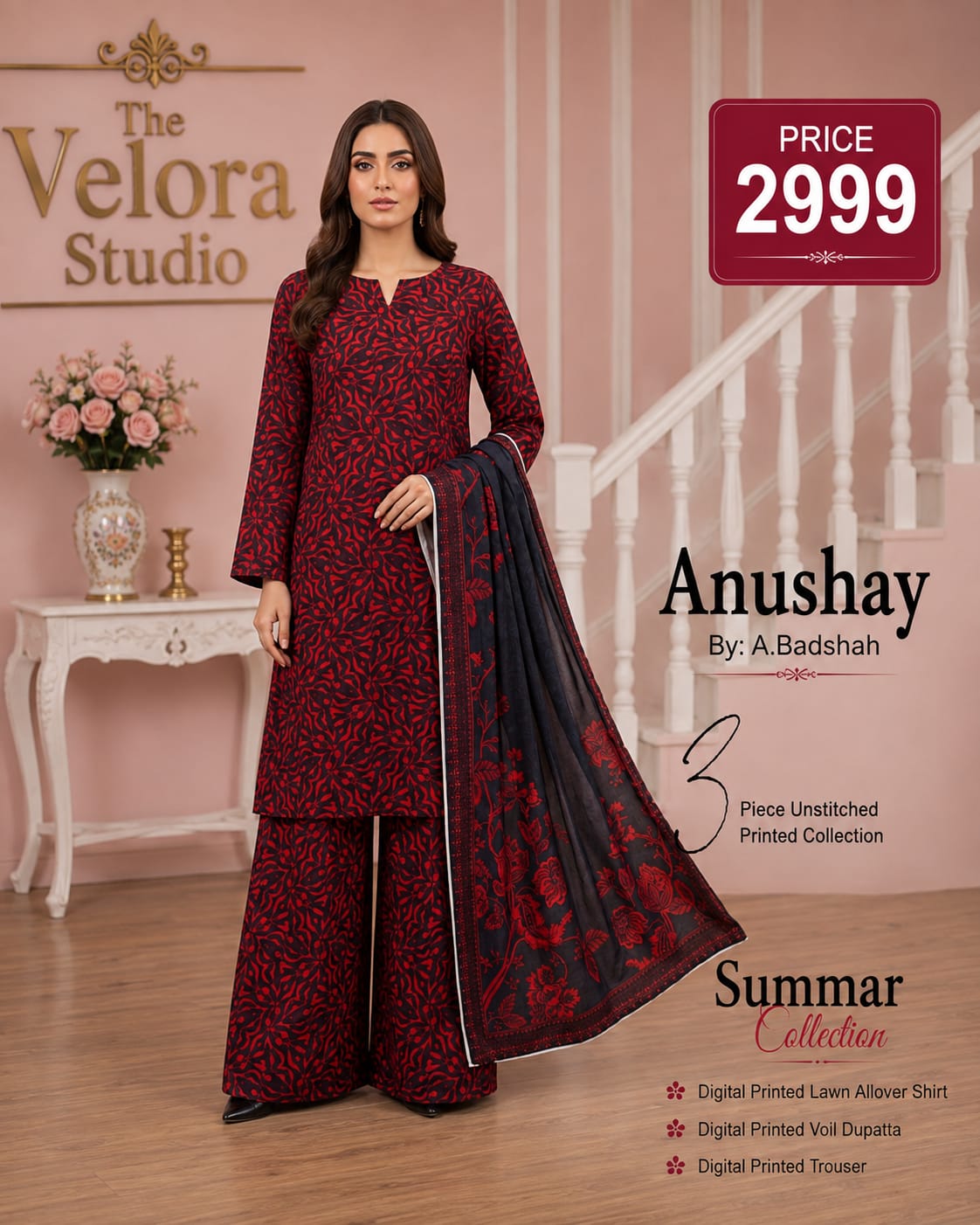 Anushay by A. Badshah – 3 Piece Unstitched Printed Lawn Suit