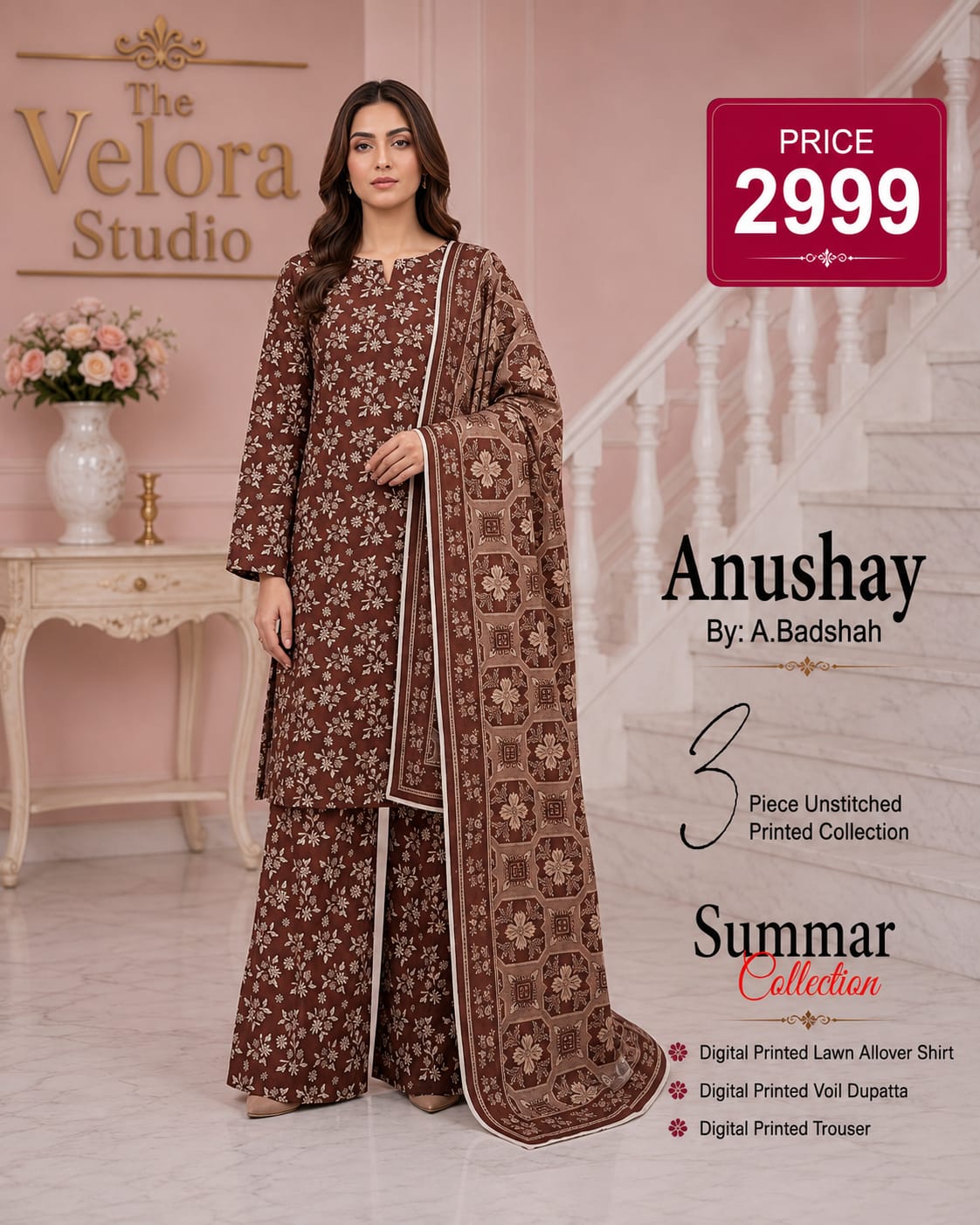 Anushay by A. Badshah – 3 Piece Unstitched Printed Lawn Suit