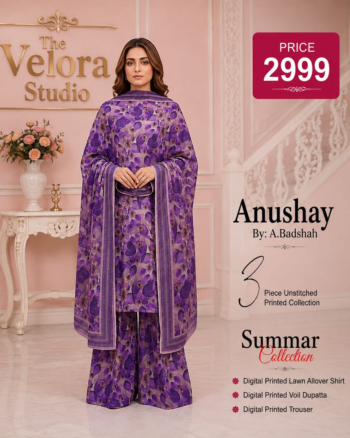 Anushay by A. Badshah – 3 Piece Unstitched Printed Lawn Suit