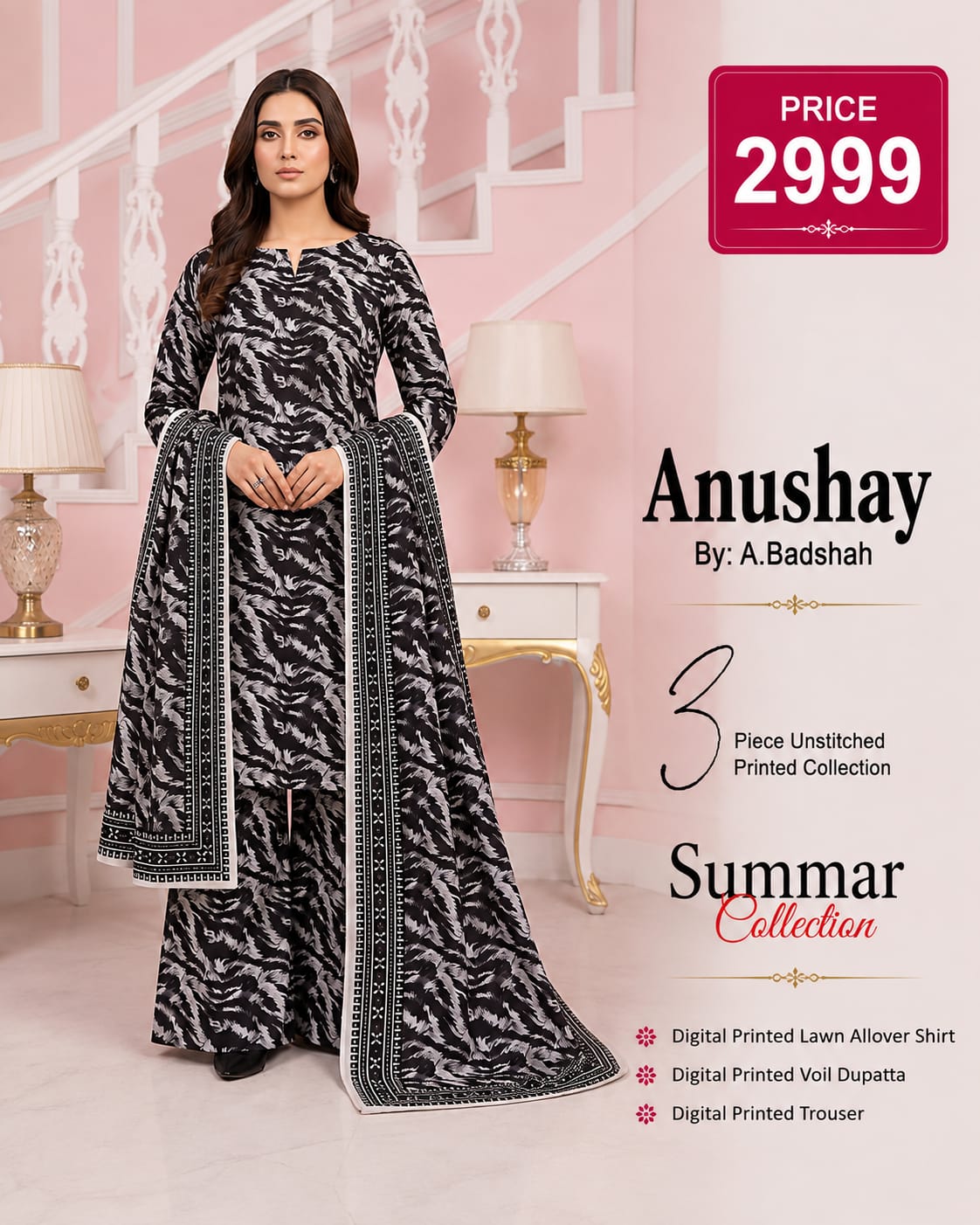 Anushay by A. Badshah – 3 Piece Unstitched Printed Lawn Suit
