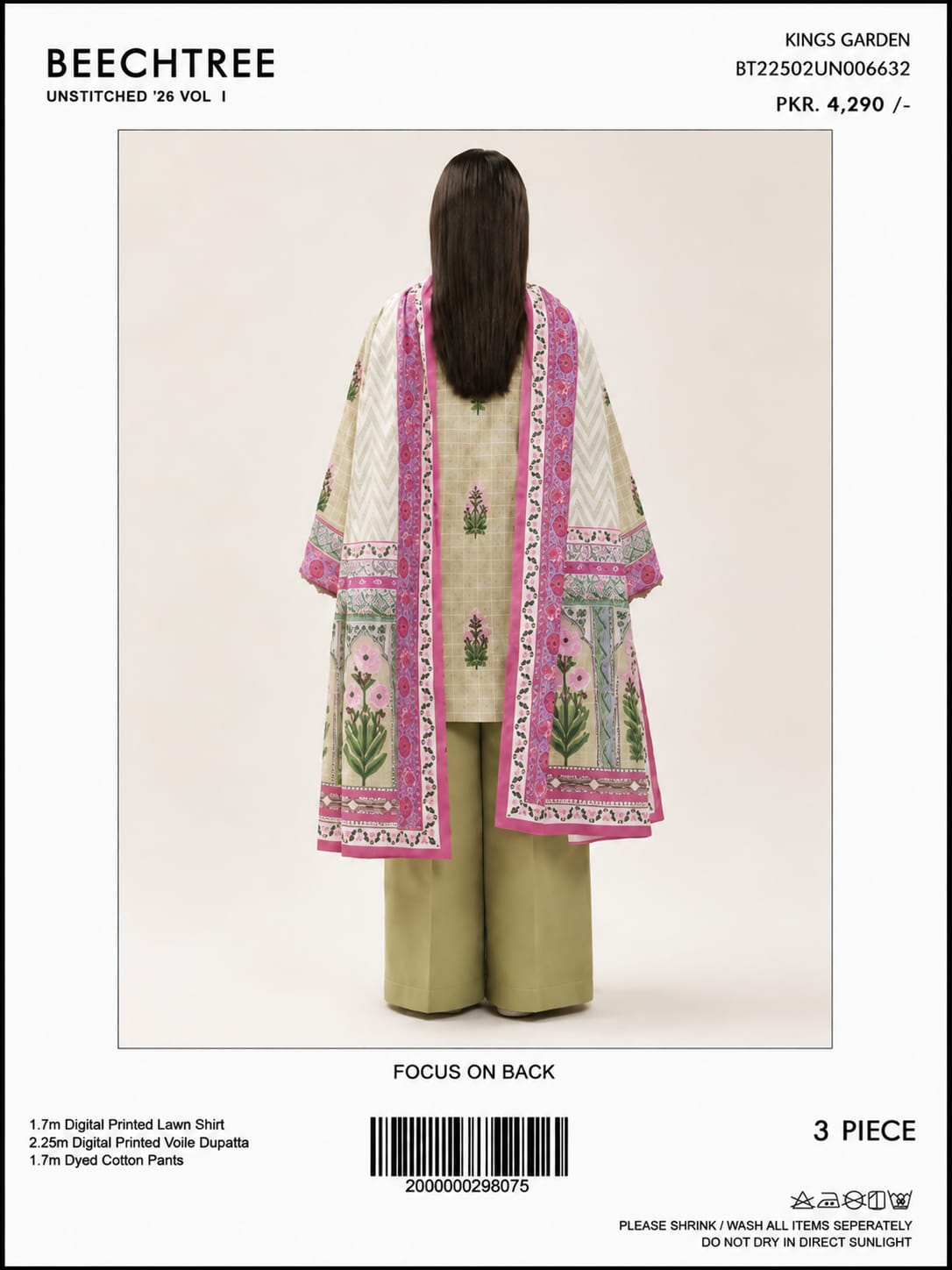Beechtree Unstitched 3-Piece Printed Lawn Suit – Floral Beige & Pink
