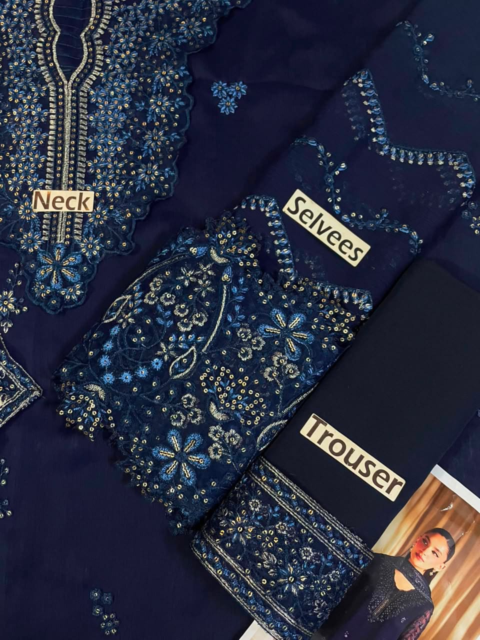 Full suit flat lay - front, back, dupatta, selvees, trouser