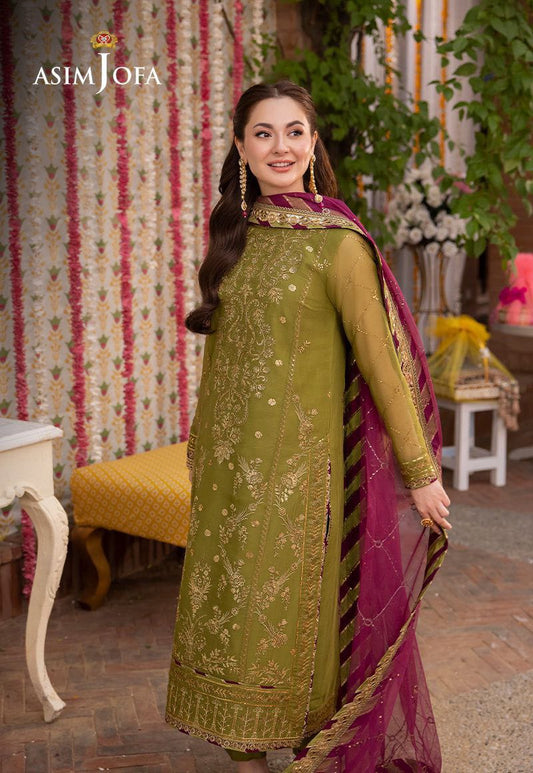 Olive green embroidered suit - seated model