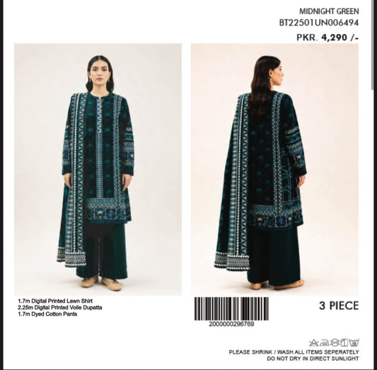 Beechtree Midnight Green unstitched 3-piece lawn suit - front and back view