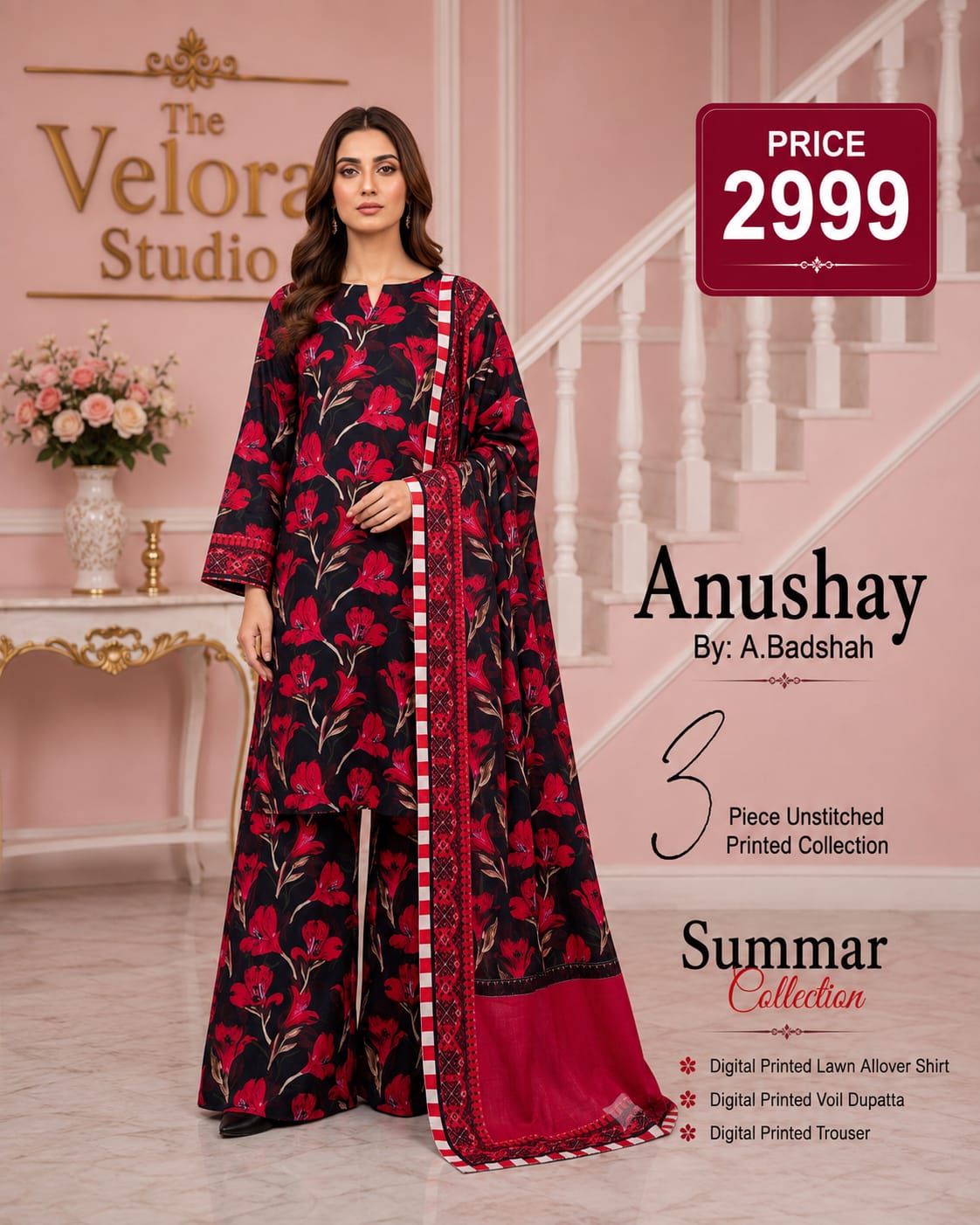 Anushay by A. Badshah – 3 Piece Unstitched Printed Lawn Suit