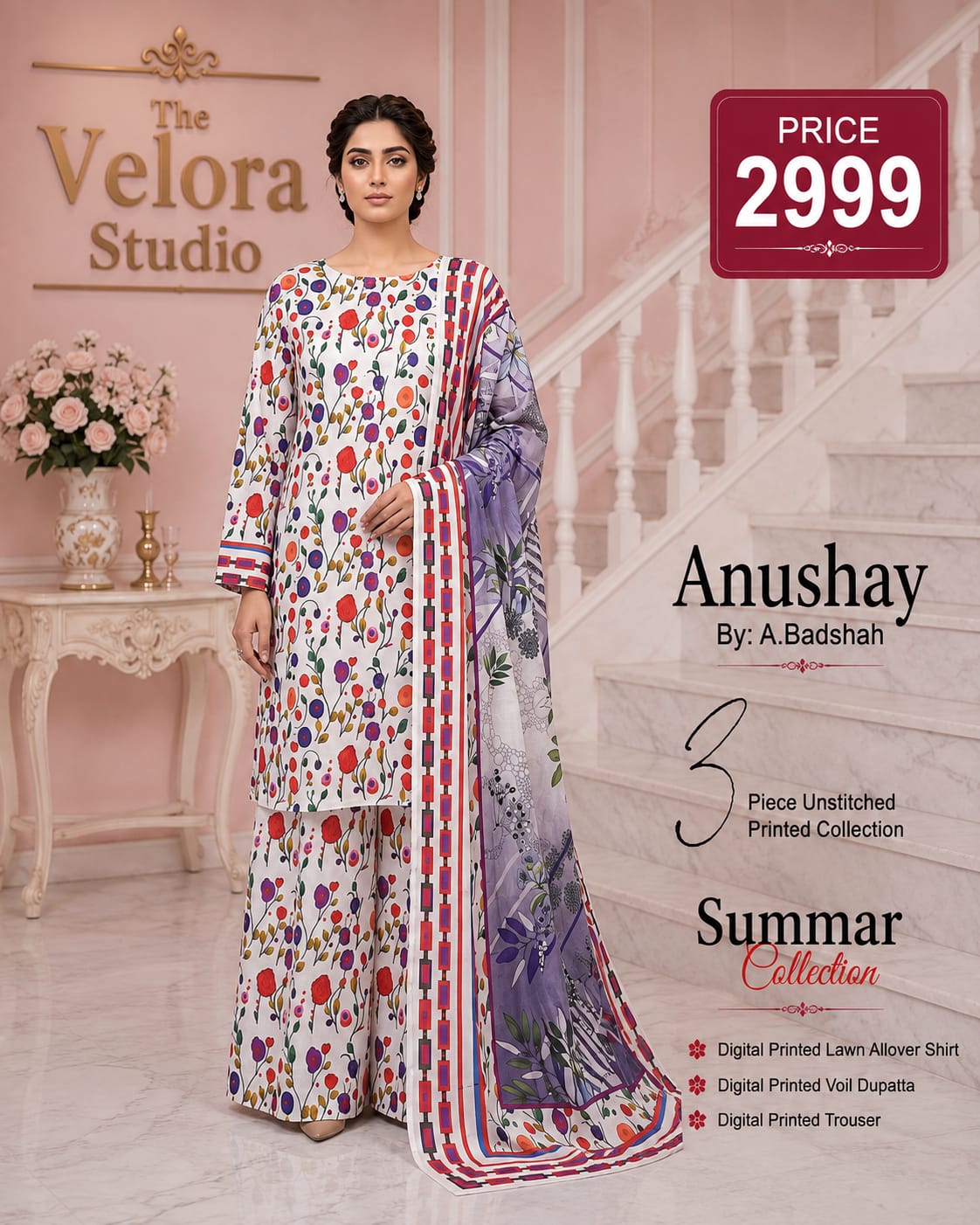 Anushay by A. Badshah – 3 Piece Unstitched Printed Lawn Suit