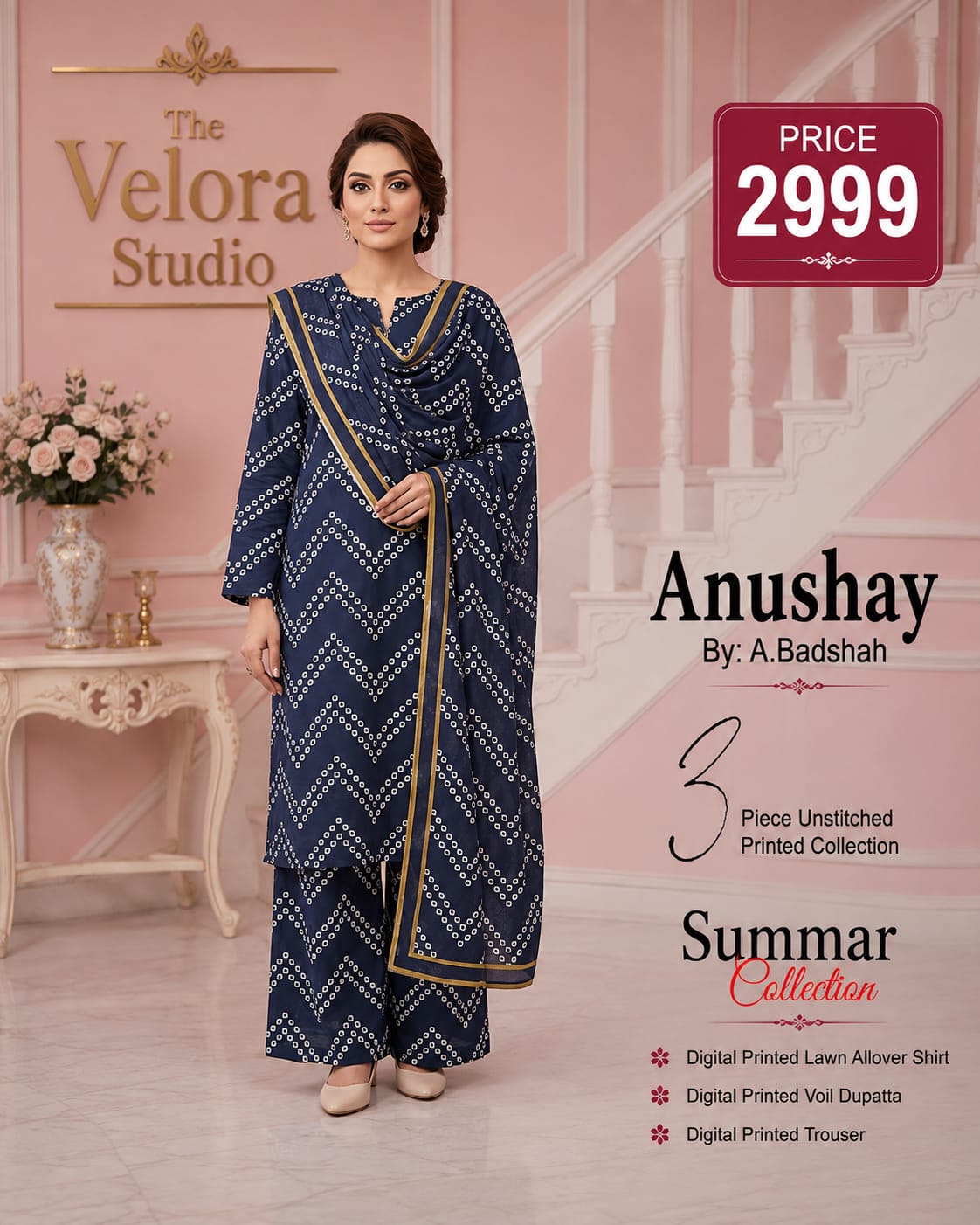 Anushay by A. Badshah – 3 Piece Unstitched Printed Lawn Suit