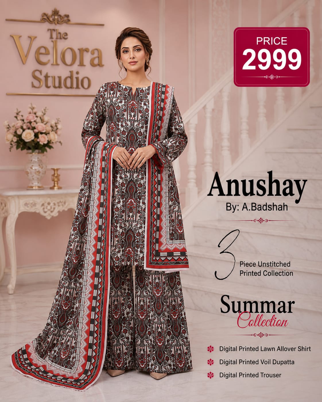 Anushay by A. Badshah – 3 Piece Unstitched Printed Lawn Suit