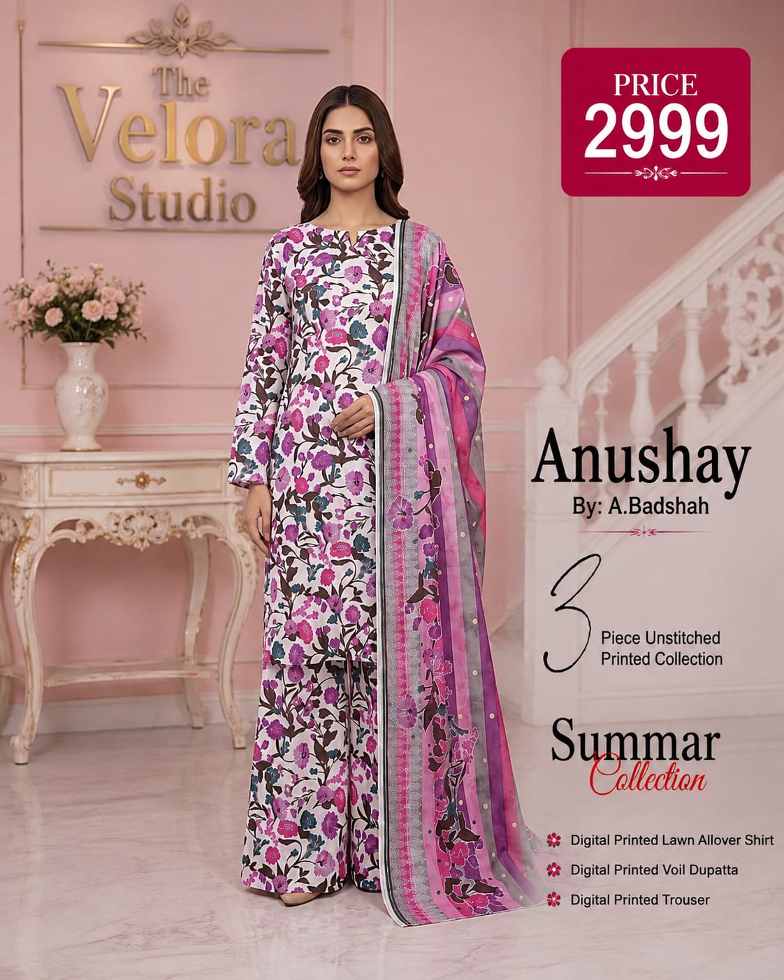 Anushay by A. Badshah – 3 Piece Unstitched Printed Lawn Suit