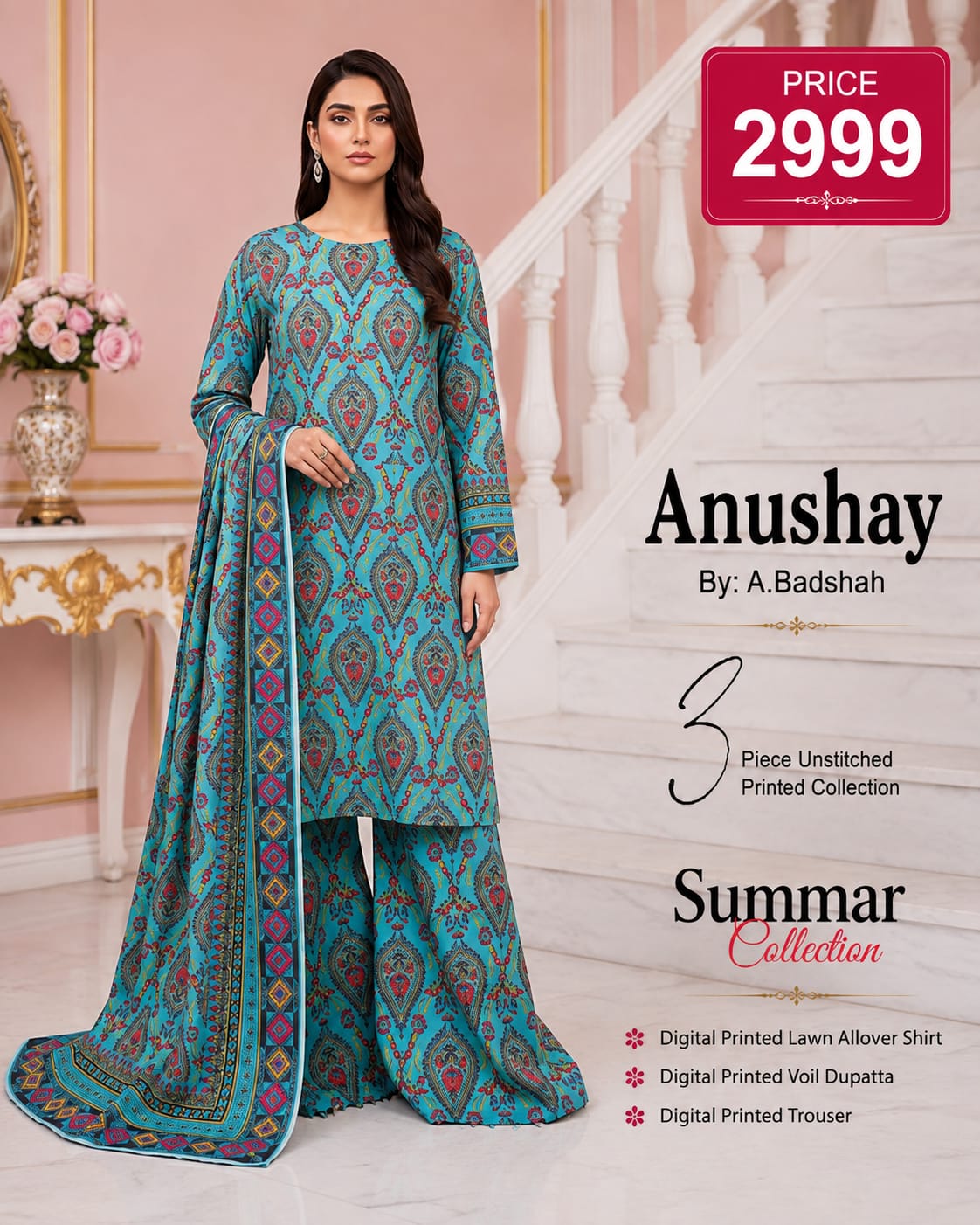 Anushay by A. Badshah – 3 Piece Unstitched Printed Lawn Suit