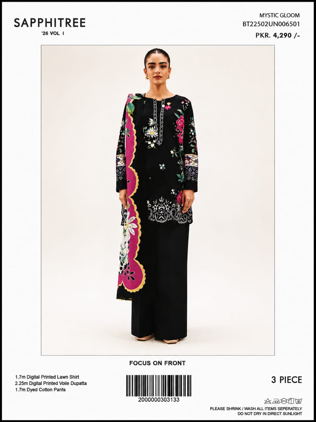 Beechtree Unstitched 3-Piece Printed Lawn Suit – Floral Beige & Pink