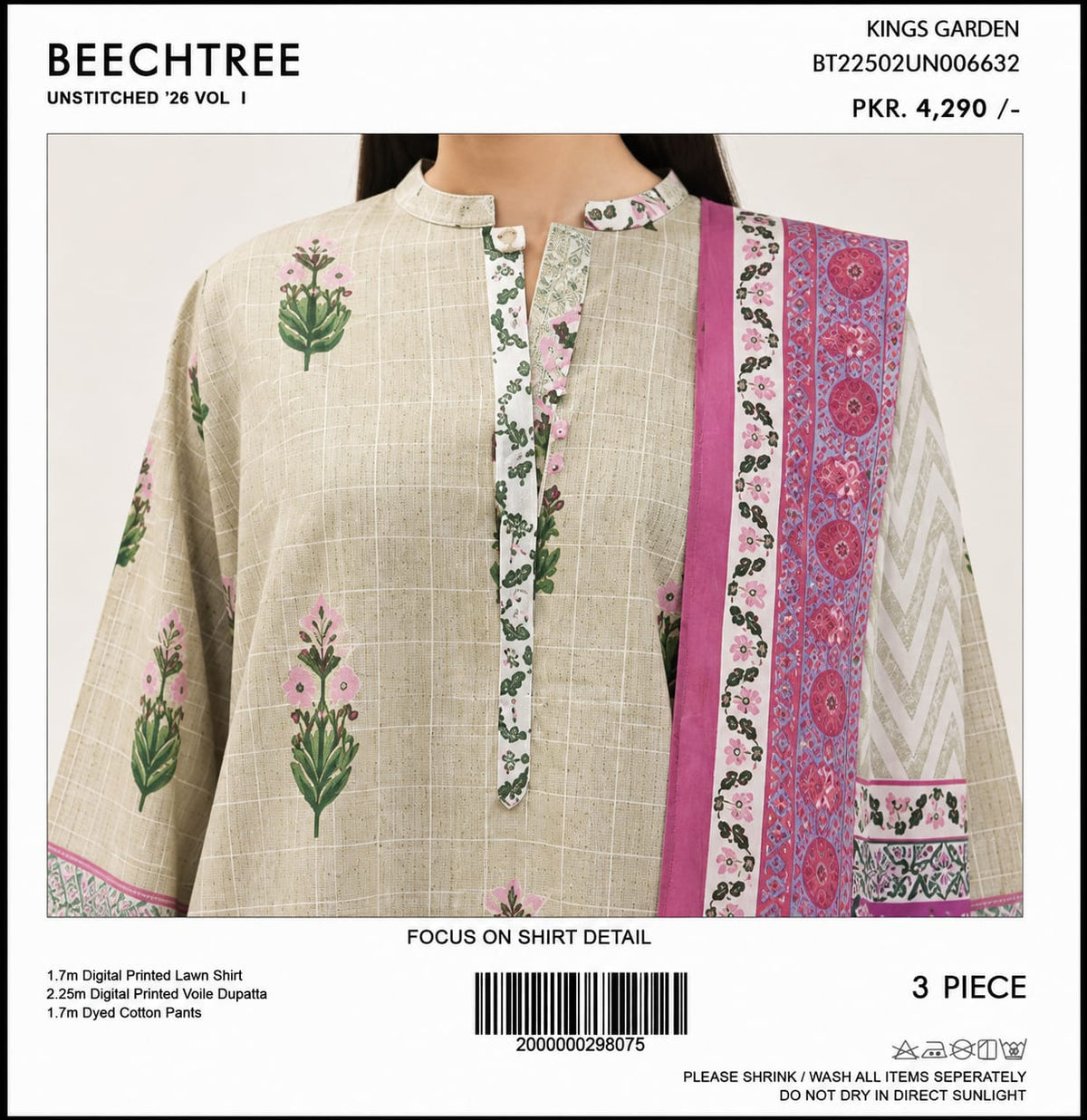 Beechtree Unstitched 3-Piece Printed Lawn Suit – Floral Beige & Pink