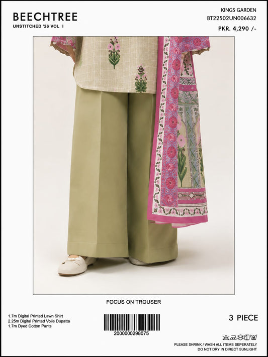 Beechtree Unstitched 3-Piece Printed Lawn Suit – Floral Beige & Pink