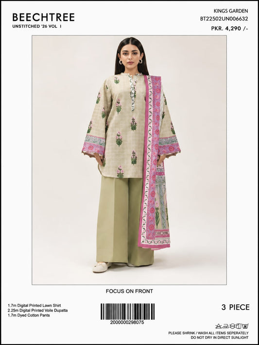 Beechtree Unstitched 3-Piece Printed Lawn Suit – Floral Beige & Pink