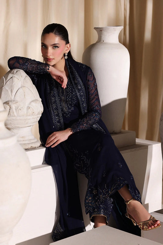 Navy blue embroidered chiffon suit - front view model