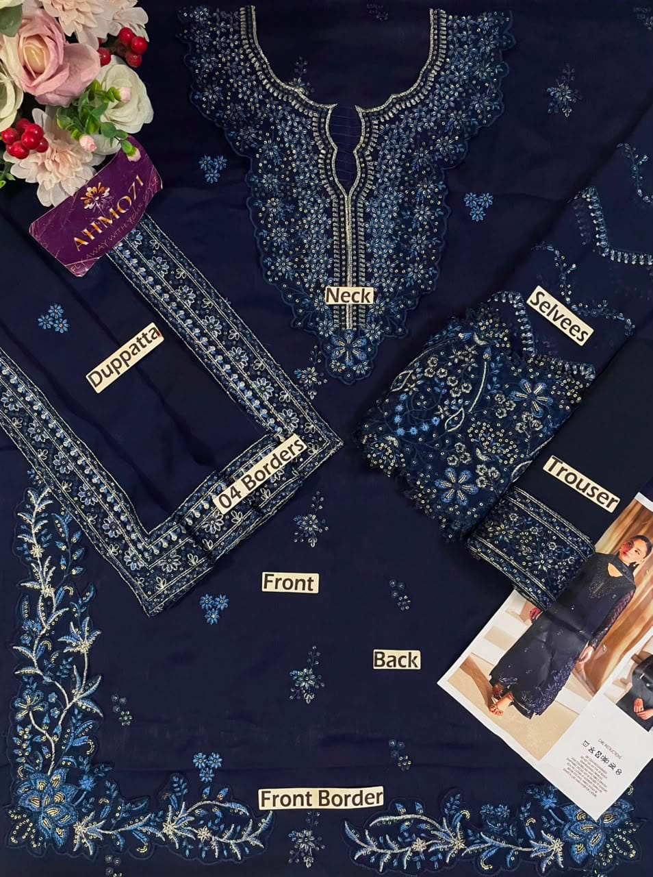Navy blue embroidered chiffon suit - back view model