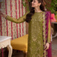Olive green embroidered suit - front view model