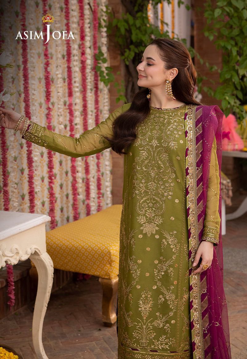 Olive green embroidered suit - front view model