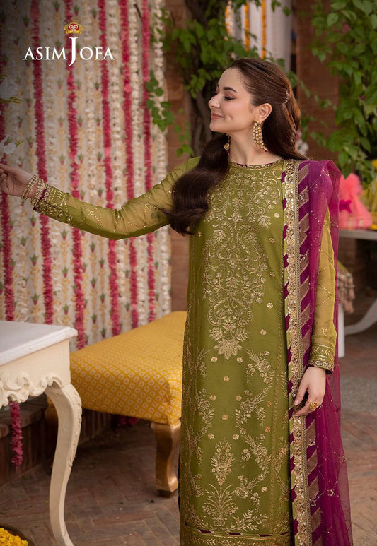 Olive green embroidered suit - front view model