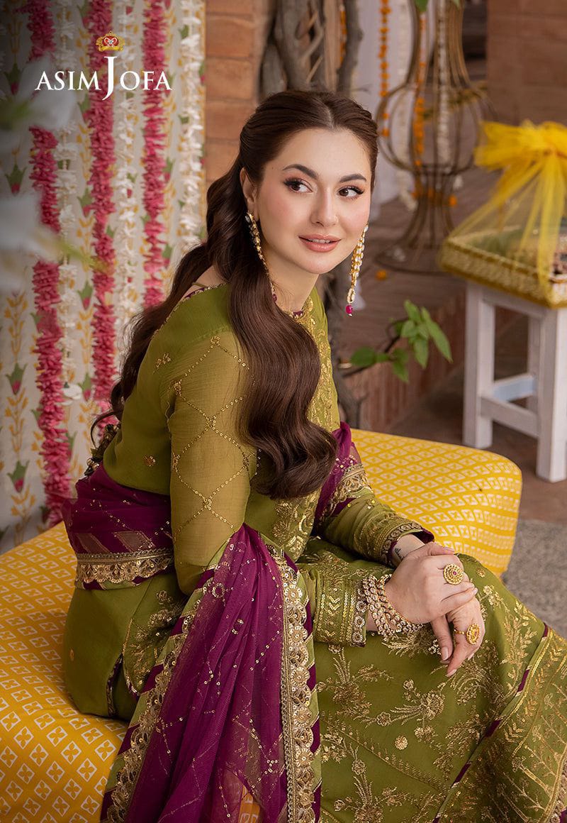 Olive green embroidered suit - back view model
