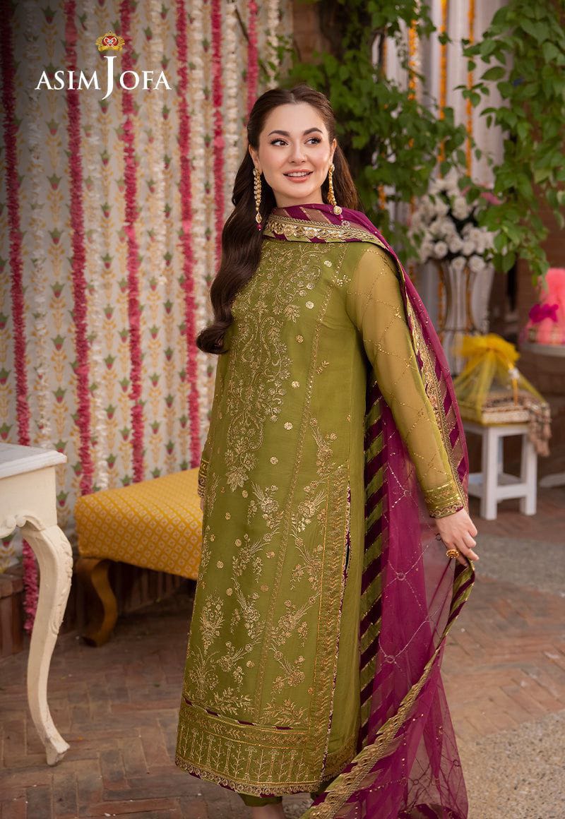Olive green embroidered suit - seated model
