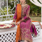 Magenta handwork chiffon suit with orange dupatta - model seated front view