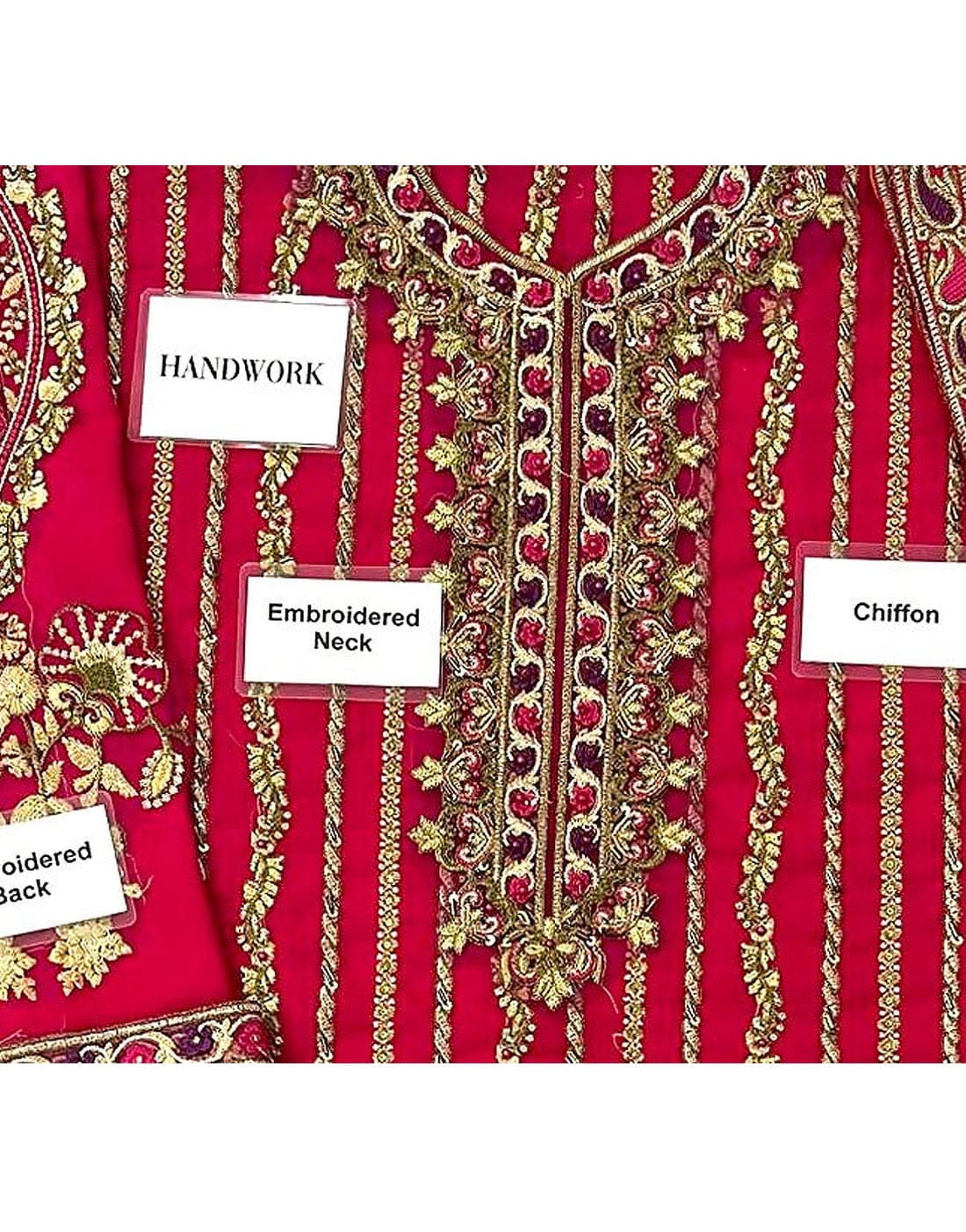 Magenta handwork chiffon suit - close-up of handwork, embroidered neck and chiffon labels