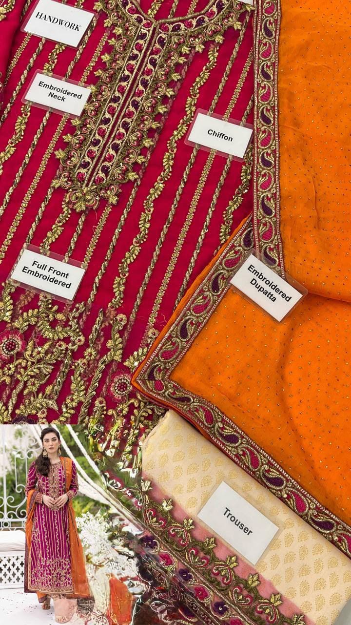 Suit flat lay - full front embroidered, embroidered dupatta, trouser detail