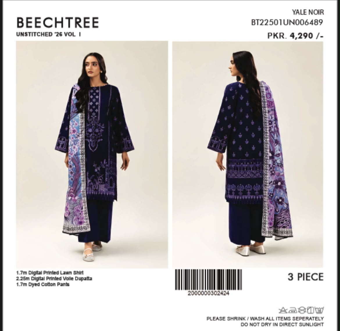 Beechtree Yale Noir unstitched 3-piece lawn suit - front and back view