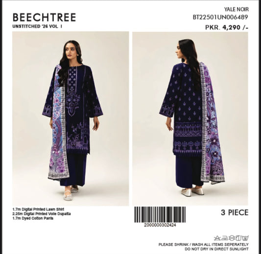 Beechtree Yale Noir unstitched 3-piece lawn suit - front and back view