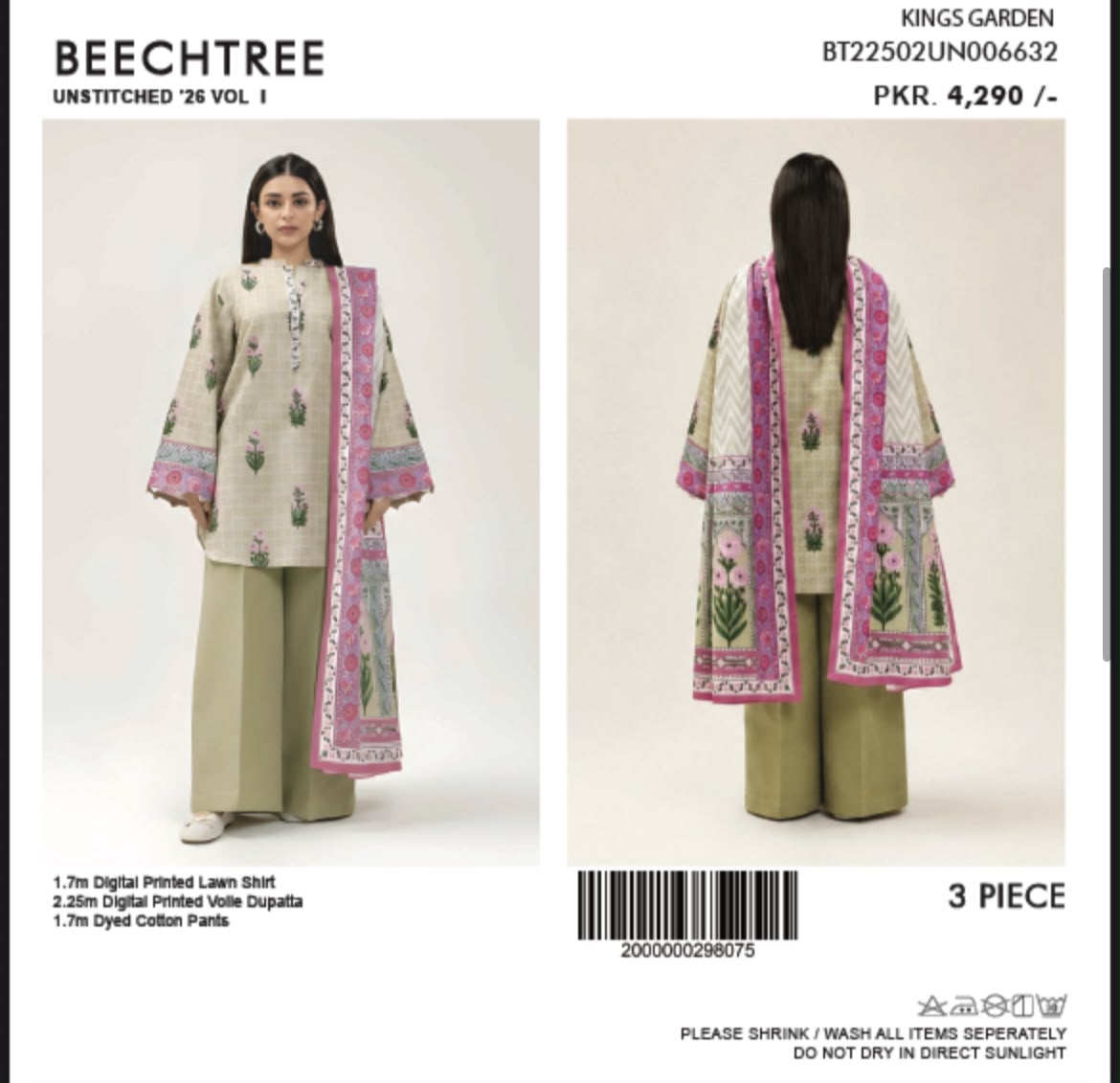 Beechtree Kings Garden unstitched 3-piece lawn suit - front and back view