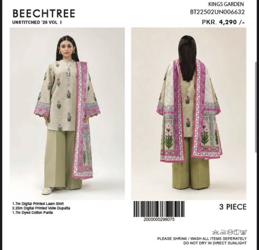 Beechtree Kings Garden unstitched 3-piece lawn suit - front and back view
