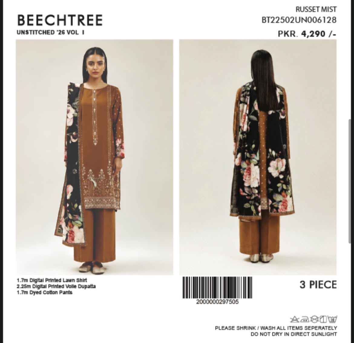 Beechtree Russet Mist unstitched 3-piece lawn suit - front and back view