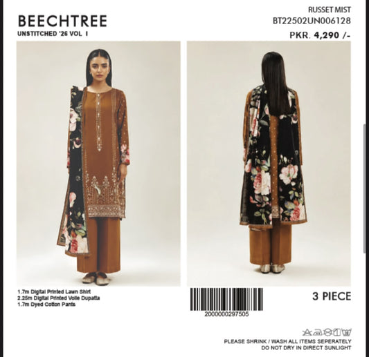Beechtree Russet Mist unstitched 3-piece lawn suit - front and back view