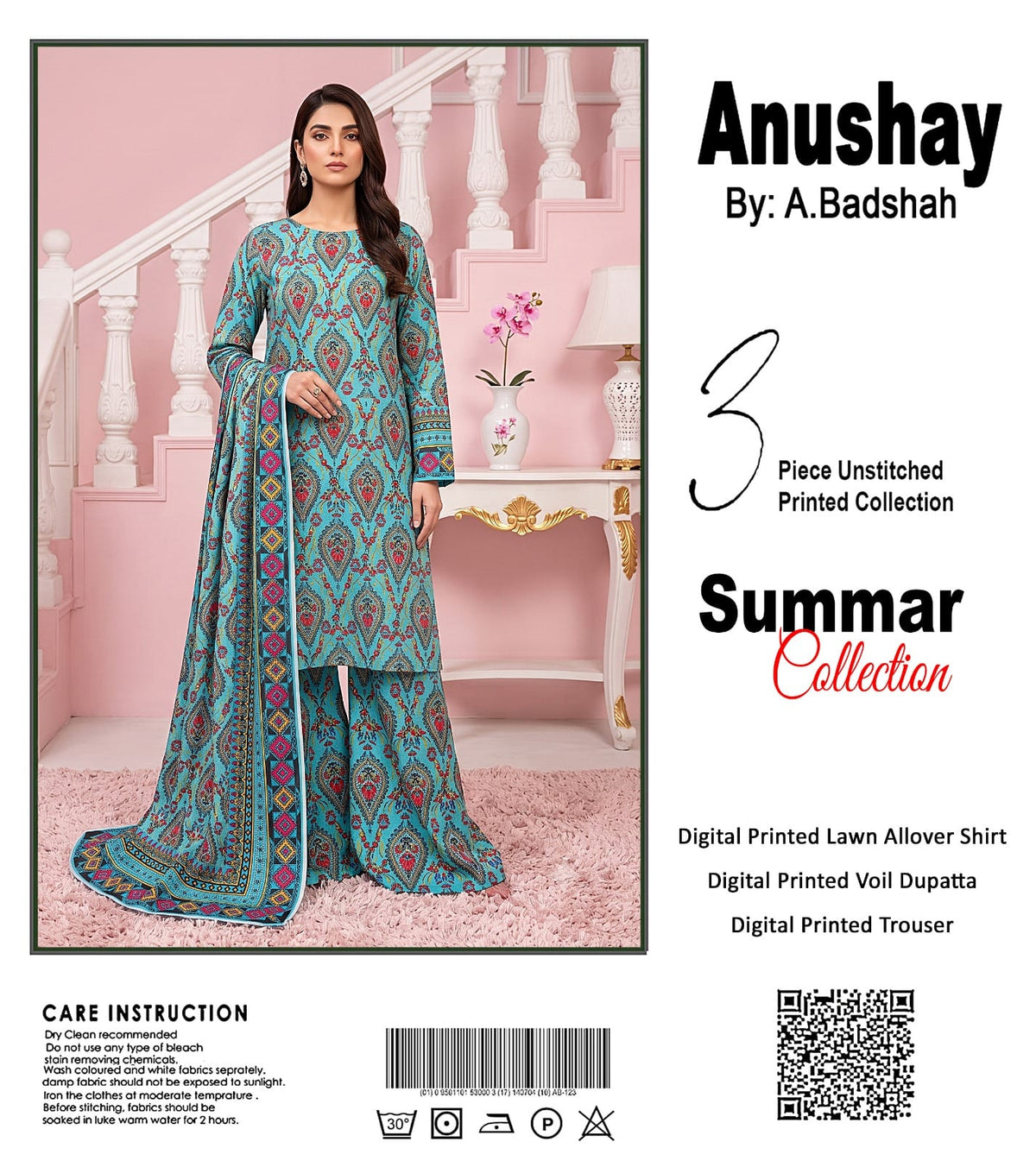 Anushay by A. Badshah – 3 Piece Unstitched Printed Lawn Suit