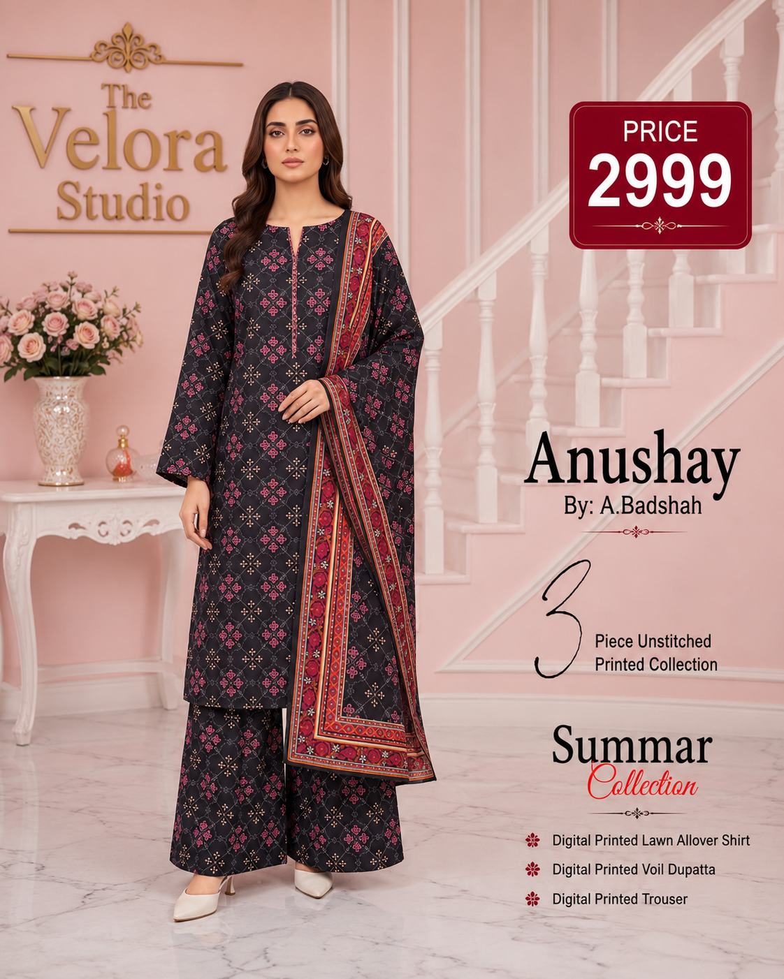 Anushay by A. Badshah – 3 Piece Unstitched Printed Lawn Suit